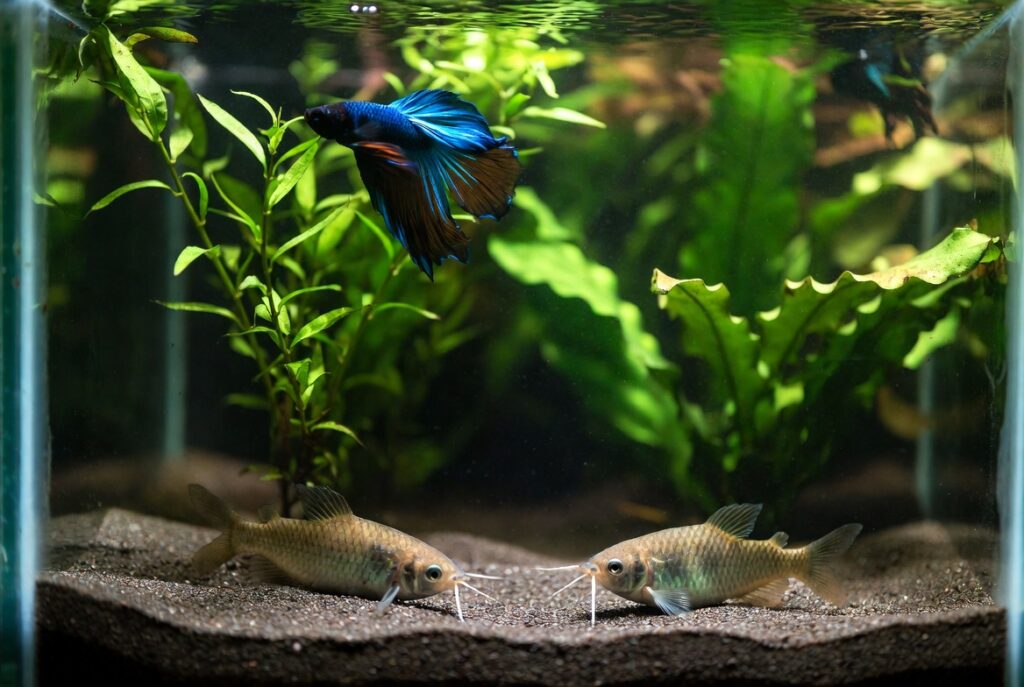 betta macho em aquário plantado com corydoras no fundo, convivência pacífica 
