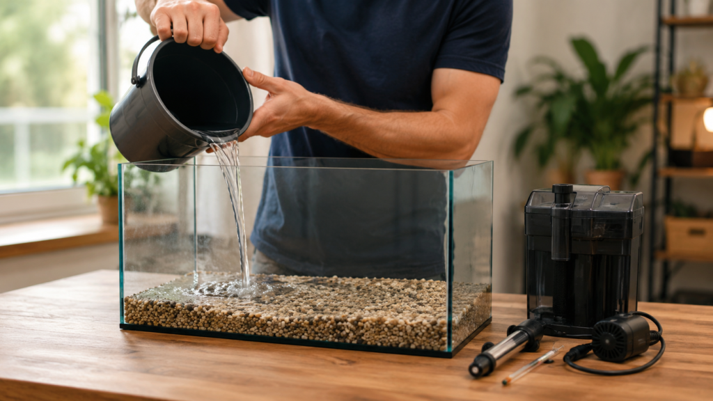 como montar um aquário para iniciantes.Aquário de 60 litros com setup básico para iniciantes, filtro hang-on, substrato e decoração simples