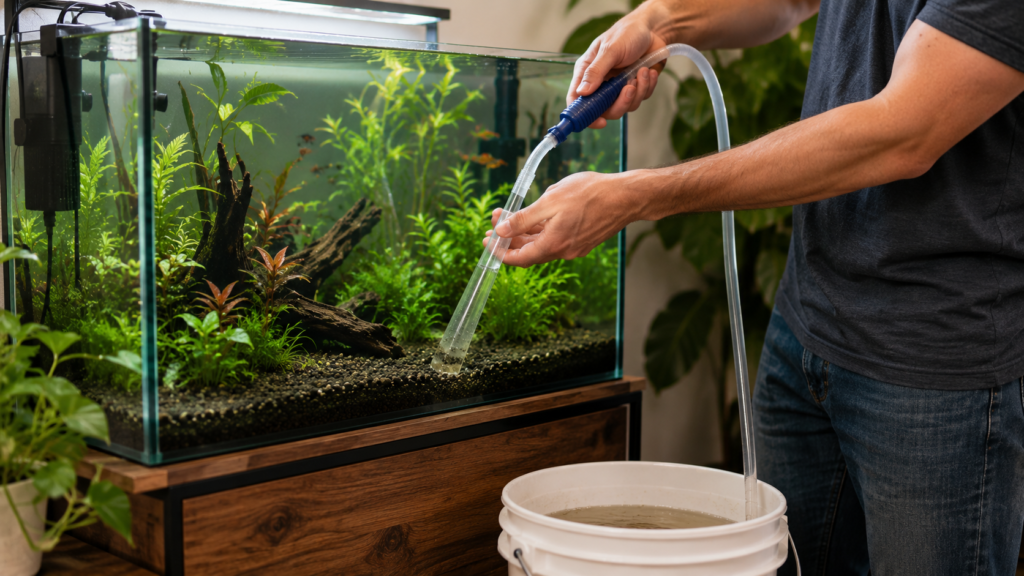 aquário cristalino com peixes saudáveis vs. aquário turvo com peixe na superfície.