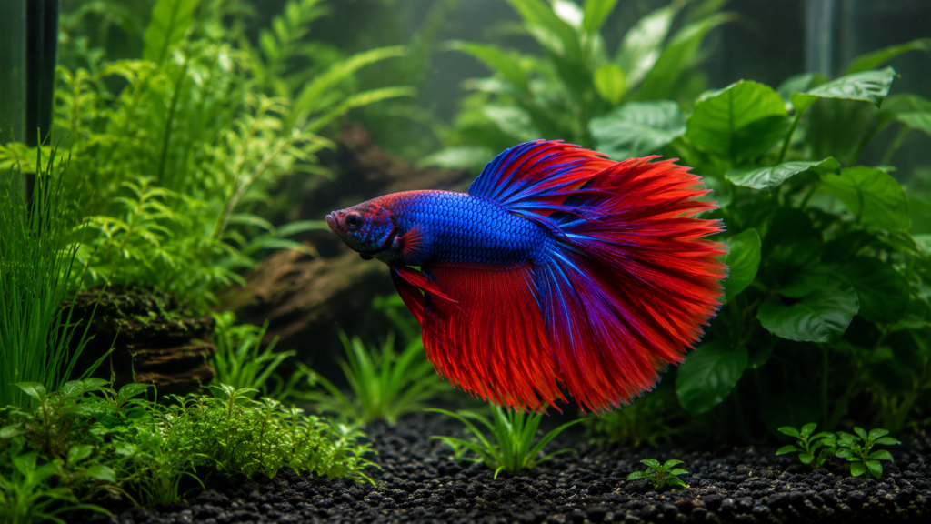 o que o peixe betta come? close de betta comendo pellets na superfície da água com ondulações visíveis