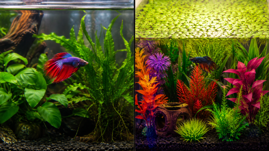 comparação entre aquário plantado saudável e aquário com plantas flutuantes em excesso para betta