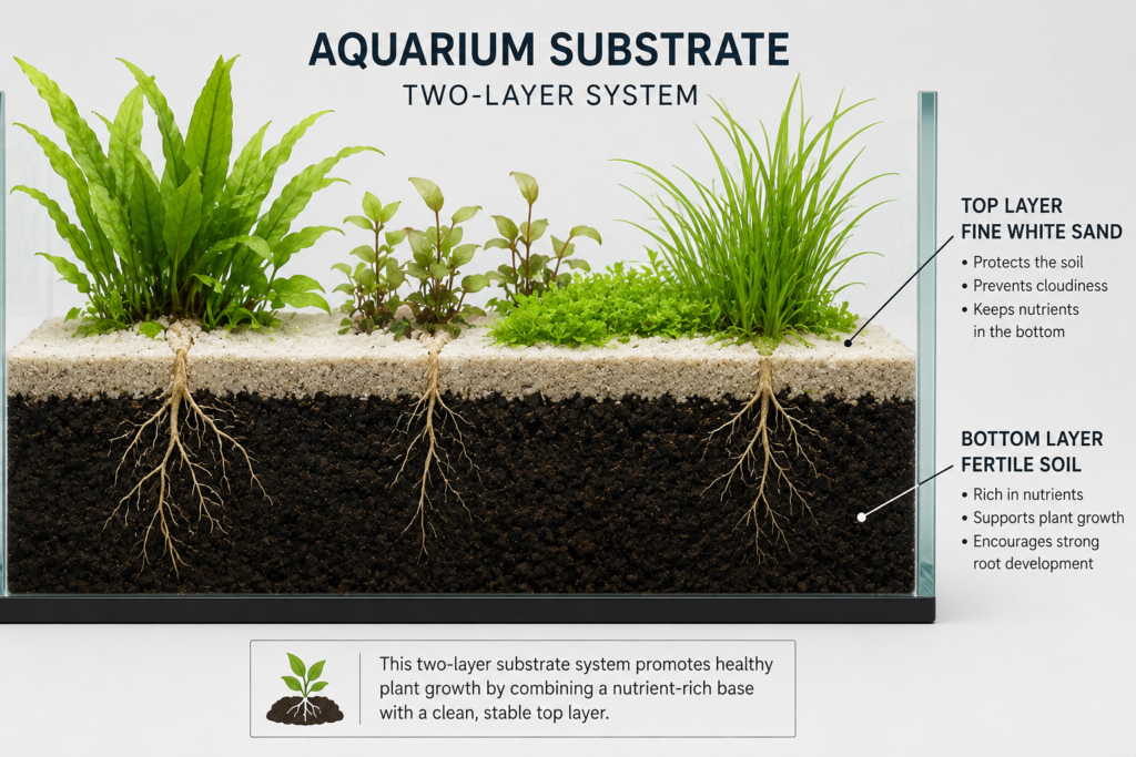 Diagrama em corte mostrando substrato de aquário em duas camadas, com solo fértil escuro na base e areia branca fina na parte superior, destacando o crescimento das raízes das plantas aquáticas