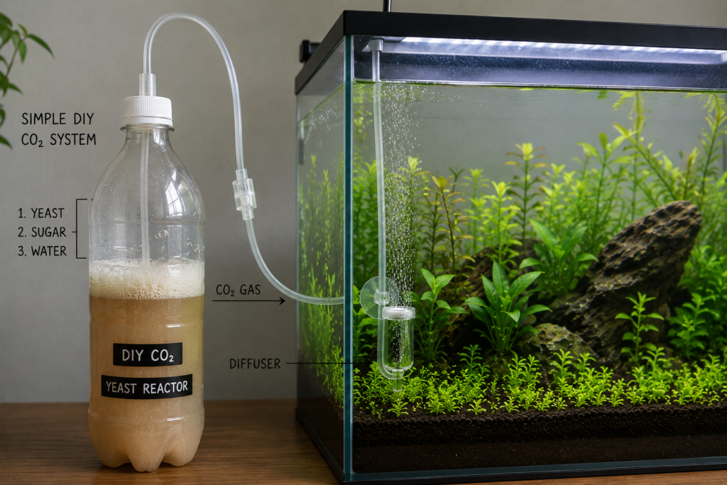 Sistema DIY de CO2 para aquário feito com garrafa plástica contendo mistura de fermento, conectado por mangueira a um difusor dentro do aquário, em iluminação natural estilo educativo