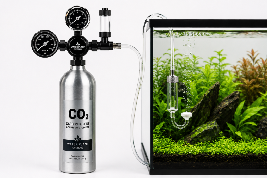 Sistema de CO2 para aquário com cilindro prateado, regulador preto, mangueira transparente e difusor cerâmico liberando bolhas em aquário plantado, em fundo branco estilo fotografia de produto