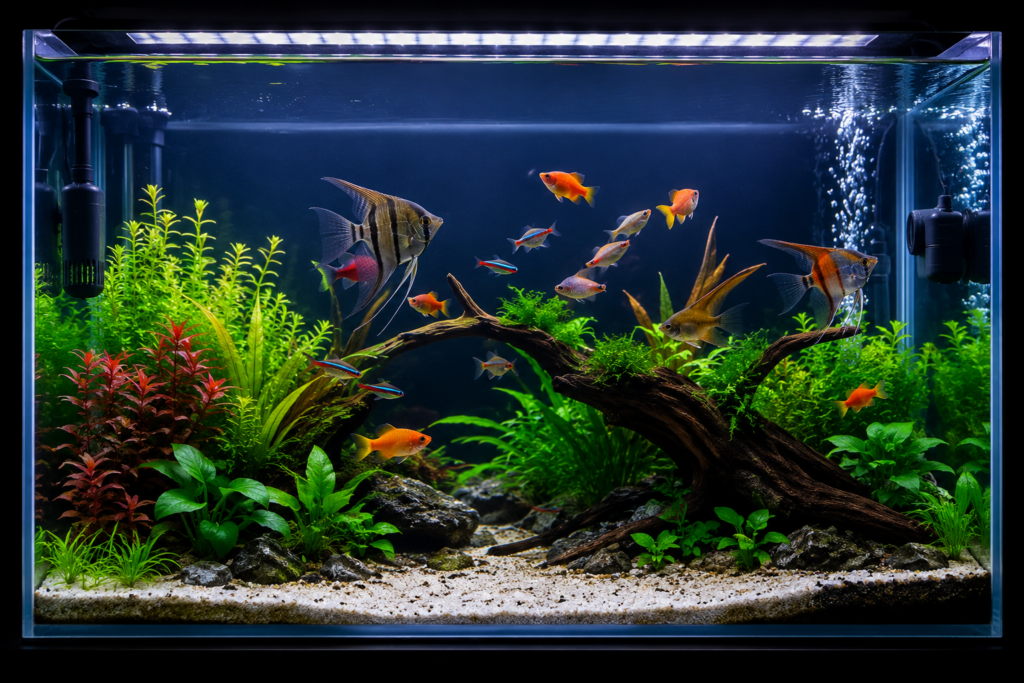 Aquário limpo e estabilizado com peixes coloridos nadando em água cristalin