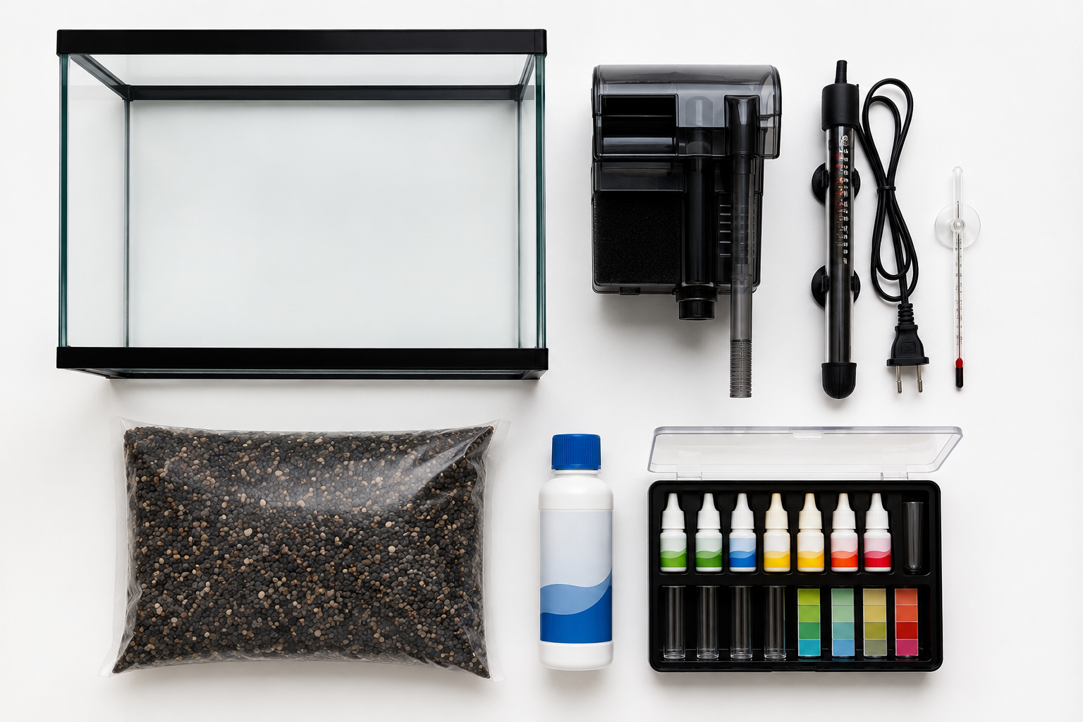 equipamentos necessários para montar um aquário. filtro, aquecedor, termometro, substrato, condicionado