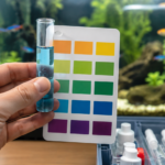 parâmetros de água no aquário. kit de testes líquido para aquário com tubos coloridos e cartão comparador sobre fundo azul claro