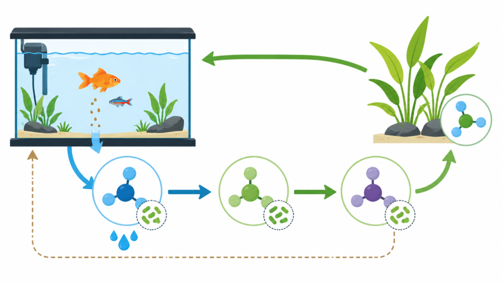 infográfico mostrando o ciclo do nitrogênio no aquário com NH3, NO2, NO3 e setas entre eles