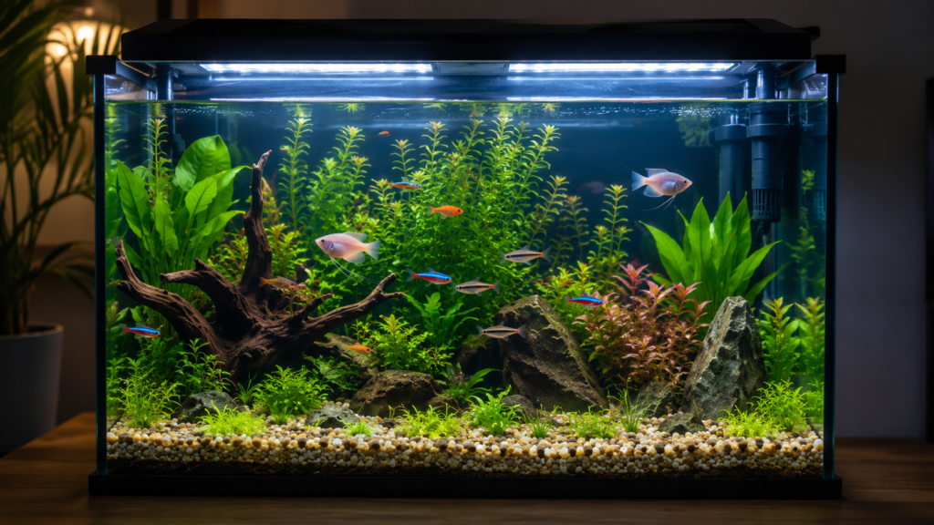 ] aquario de 60 litros bem montado com peixes tropicais coloridos e plantas verdes, iluminacao suave 