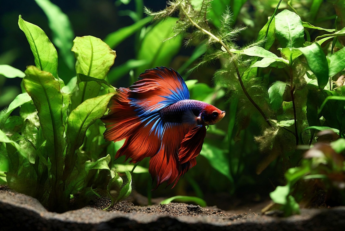 ] betta macho azul e vermelho em aquário bem montado com plantas naturais e substrato fino