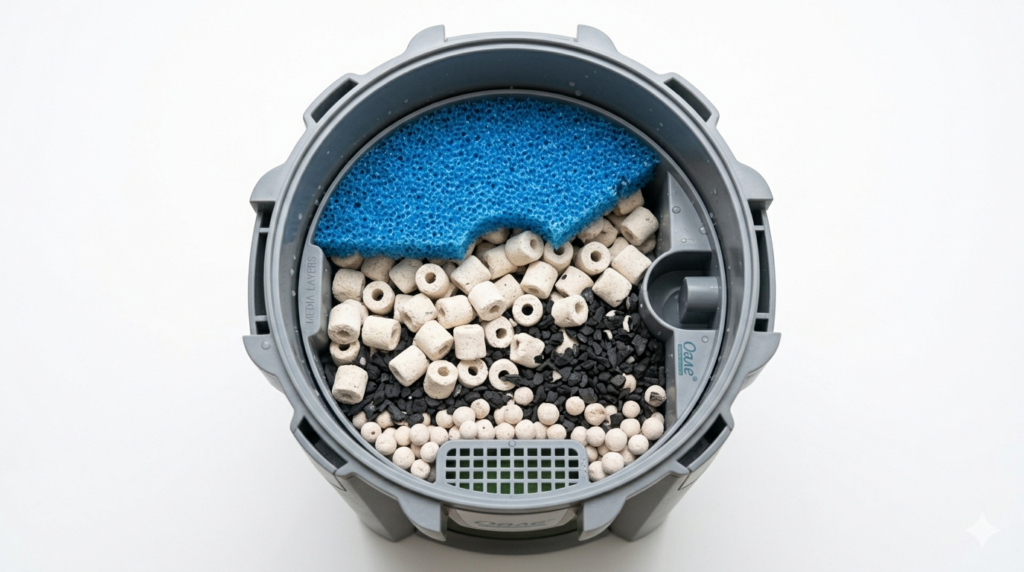 Filtro de aquário aberto mostrando camadas de mídias filtrantes como esponja azul, cerâmica biológica e carvão ativado