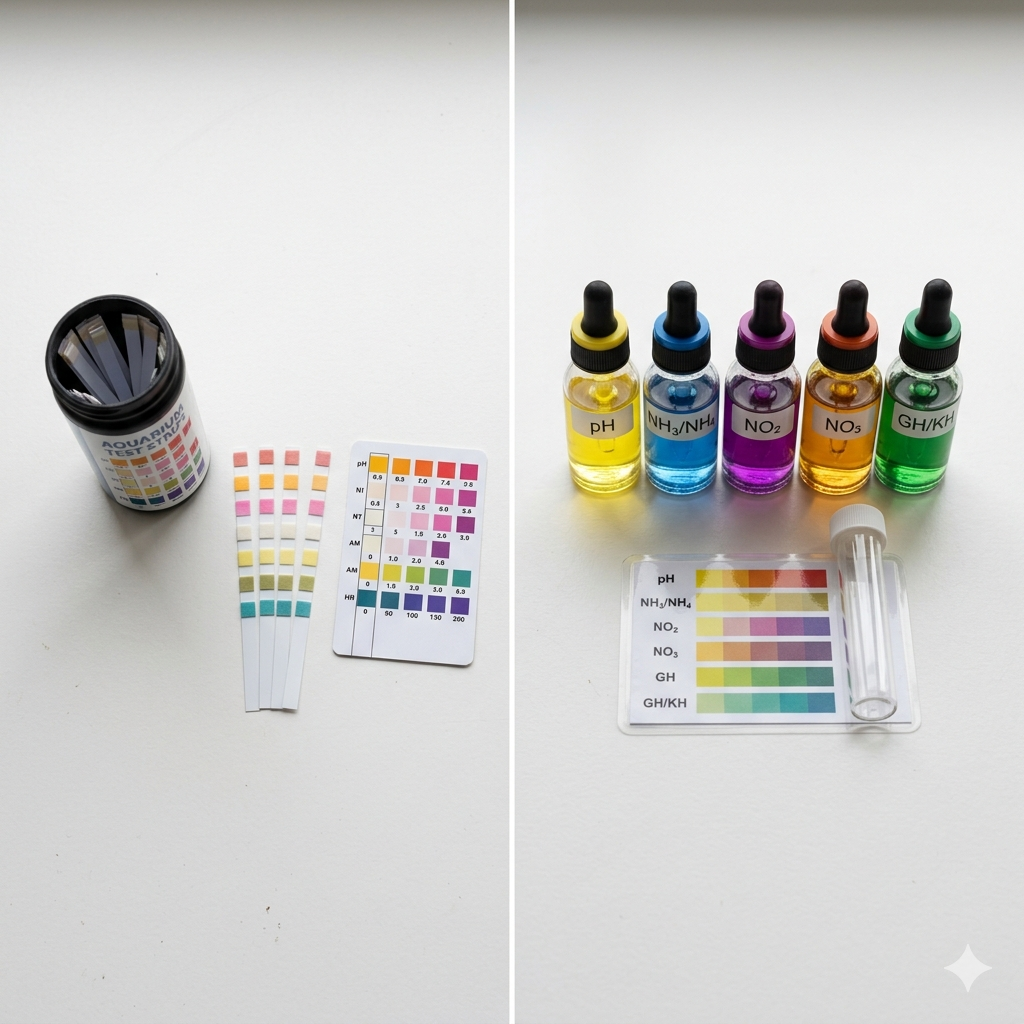 parâmetros de água no aquário Tiras de teste vs. kit líquido