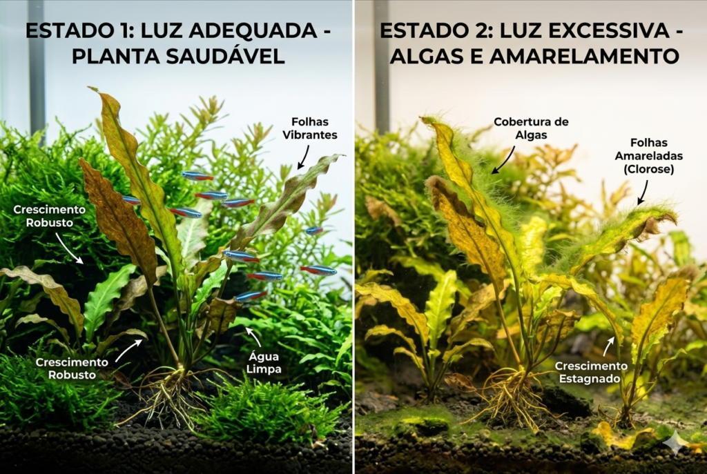 Imagem educativa dividida ao meio mostrando o impacto da iluminação em plantas de aquário. Do lado esquerdo, sob o título "ESTADO 1: LUZ ADEQUADA - PLANTA SAUDÁVEL", uma Cryptocoryne exibe folhas robustas e vibrantes em água limpa com peixes Neon Tetra. Do lado direito, sob o título "ESTADO 2: LUZ EXCESSIVA - ALGAS E AMARELAMENTO", a mesma planta aparece com crescimento estagnado, folhas amareladas por clorose e cobertas por algas filamentosas verdes.