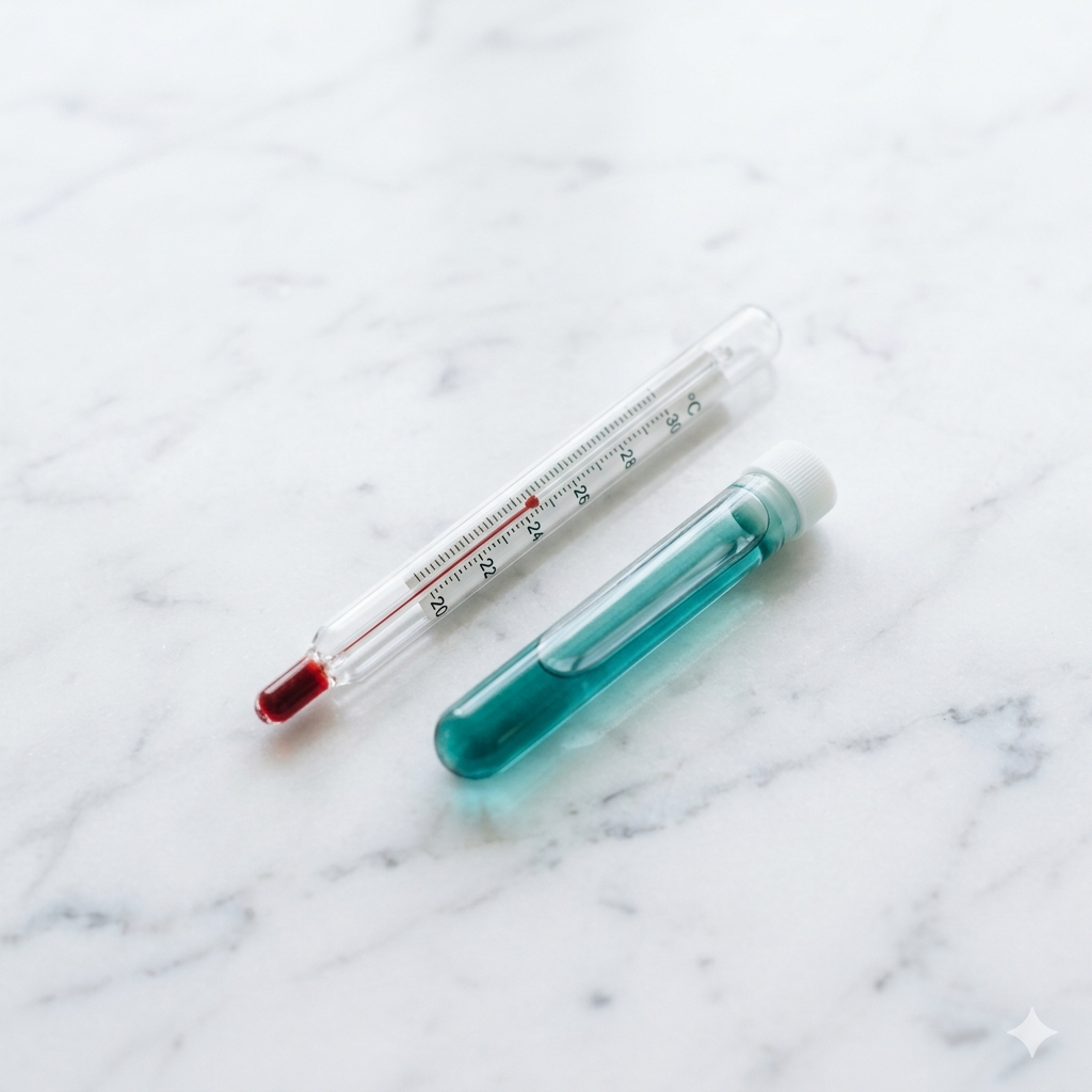 termômetro de aquário e frasco de condicionador de água sobre superfície de pedra natural com luz suave