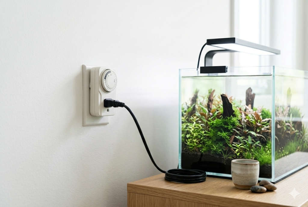 Fotografia minimalista em ambiente doméstico mostrando um timer analógico branco conectado a uma tomada de parede. O cabo preto da luminária de LED de um pequeno aquário plantado está plugado no timer. Ao lado, sobre o móvel de madeira clara, o aquário aparece iluminado sob luz natural suave.