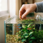 mão segurando pote de ração de peixe com quantidade pequena sobre aquário com peixes coloridos