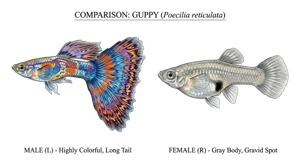 Uma ilustração biológica detalhada em estilo de desenho a tinta e aquarela sobre fundo branco, mostrando dois peixes guppy (Poecilia reticulata) lado a lado em vista lateral. O título no topo diz "COMPARISON: GUPPY (Poecilia reticulata)". À esquerda, um guppy macho vibrante e colorido, com o corpo listrado em azul, laranja e amarelo, e uma cauda enorme e fluida em tons de roxo, azul e laranja brilhantes. Abaixo dele, o texto "MALE (L) - Highly Colorful, Long Tail". À direita, uma guppy fêmea maior e de corpo cinza mais sóbrio, com uma cauda arredondada e menor. Ela apresenta uma mancha de gravidez escura e visível no abdômen. Abaixo dela, o texto "FEMALE (R) - Gray Body, Gravid Spot". Ambos os peixes são desenhados com precisão e clareza para fins de identificação.