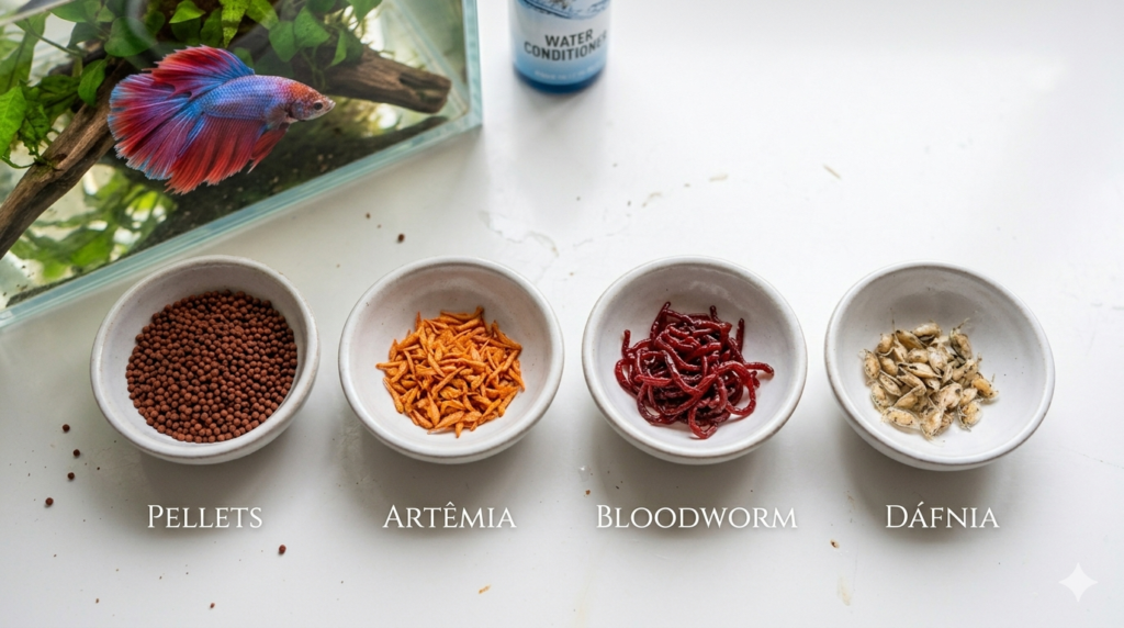 tipos de alimento para betta organizados em pequenas tigelas sobre superfície branca: pellets, artêmia, bloodworm e dáfnia