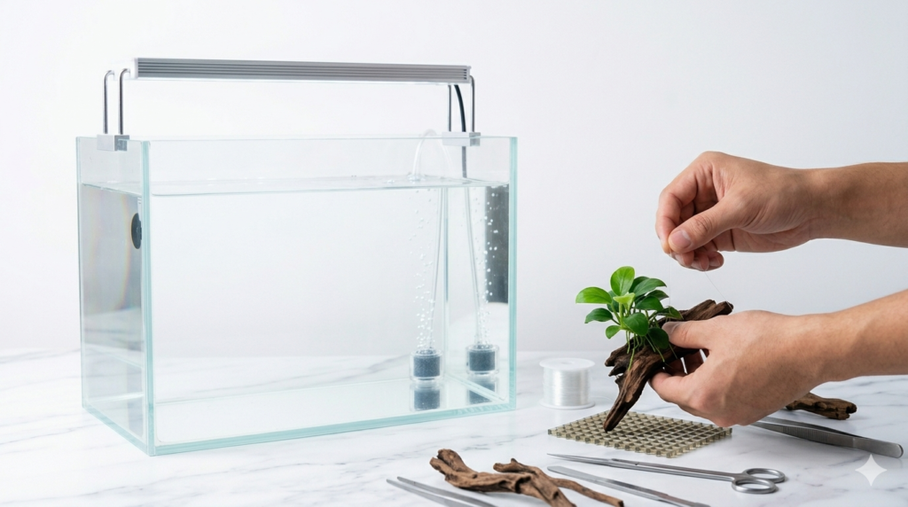 manutenção de plantas no aquário de betta, aparo de folhas com tesoura curva