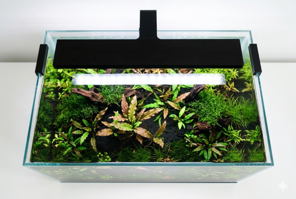 Fotografia de produto em perspectiva de cima para baixo (top-down) mostrando uma luminária LED slim de cor preta montada no topo de um aquário de vidro retangular. A luz branca e limpa ilumina diretamente o interior do aquário, destacando plantas aquáticas verdes e uma Cryptocoryne central com tons bronzeados sobre um fundo branco e minimalista.