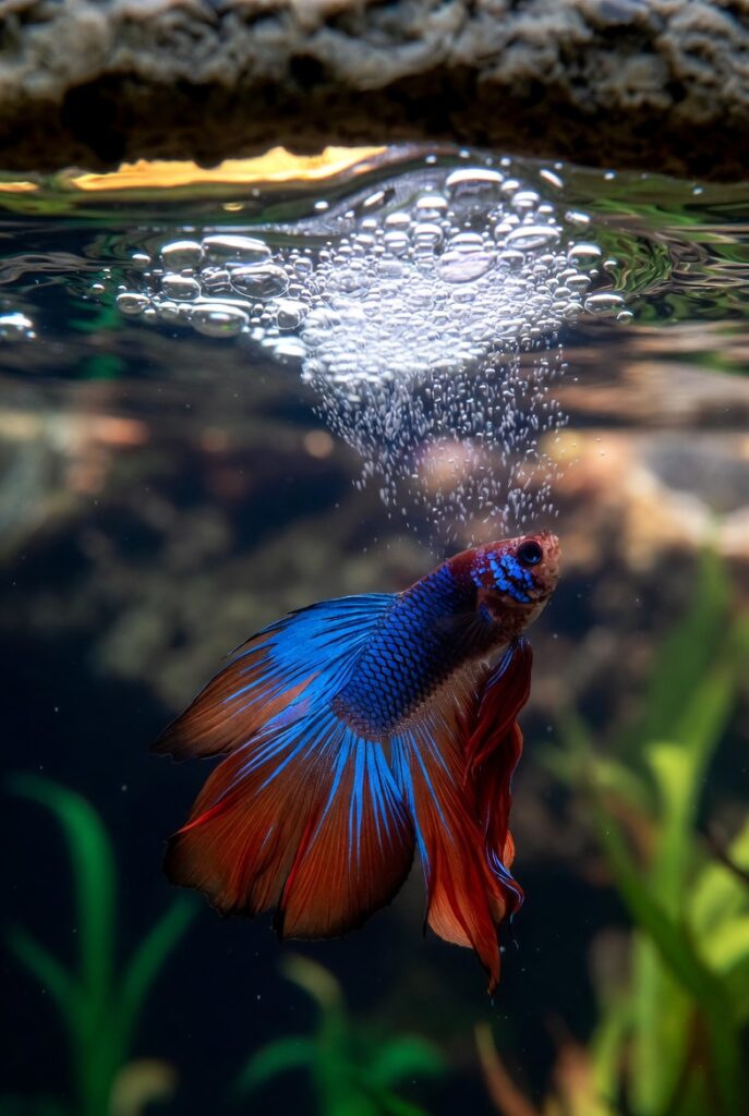 Male betta fish building a bubble nest at the water surface inside a small planted aquarium
