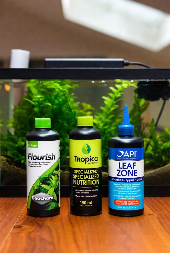 Três frascos de fertilizantes líquidos para aquário sobre superfície de madeira: Seachem Flourish, Tropica Specialized Nutrition e API Leaf Zone. Aquário plantado ao fundo, iluminação suave de estúdio, estilo fotografia de produto