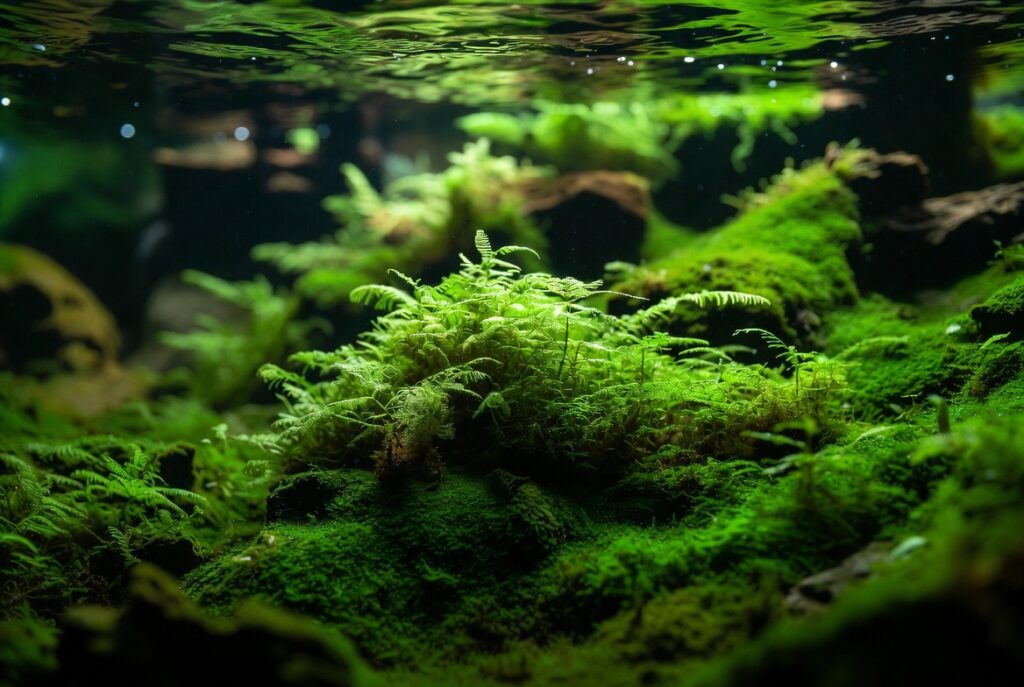 Close-up macro de musgo java (java moss) crescendo abundantemente sobre rochas e madeira flutuante em aquário de água doce, com textura verde exuberante, água cristalina e iluminação natural suave.