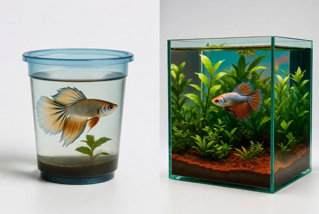 comparação lado a lado de beteira pequena de 3 litros versus aquário de 40 litros com plantas 