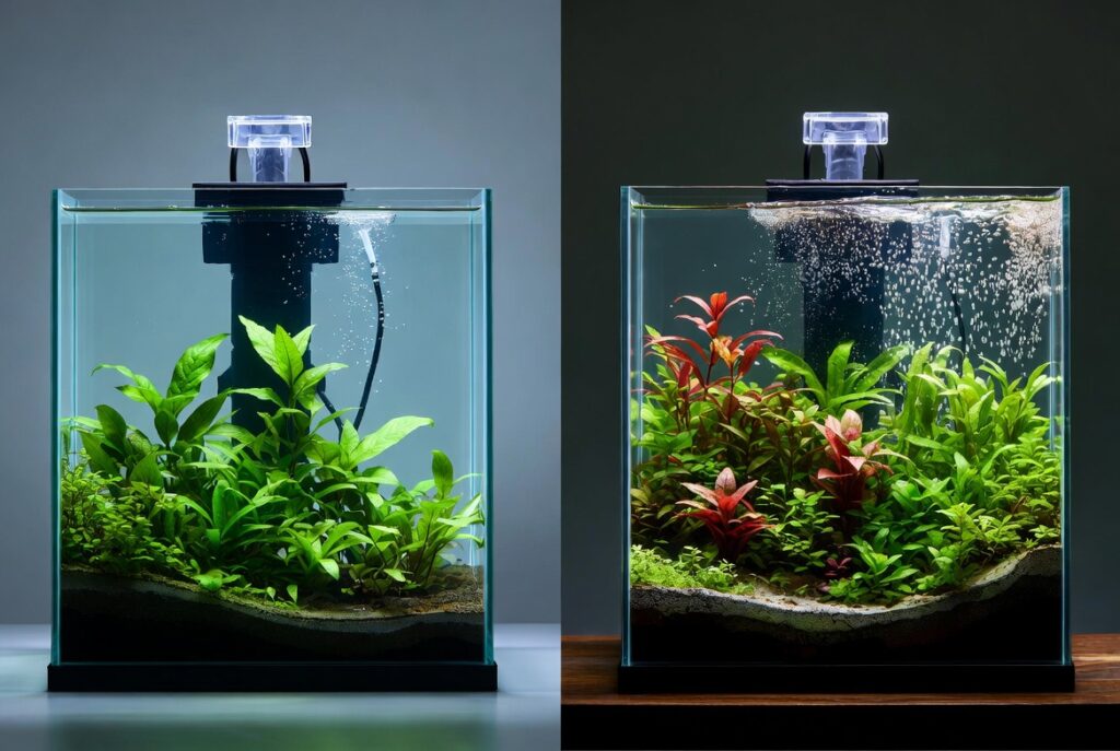 Comparação lado a lado de dois aquários do mesmo tamanho. À esquerda: aquário low-tech simples com plantas verdes calmas. À direita: aquário high-tech com bolhas de CO2 e plantas exuberantes verdes e vermelhas. Fundo limpo, estilo fotorealista, sem texto.