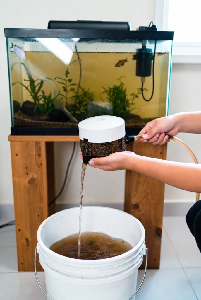 Pessoa realizando uma troca parcial de água em um aquário de água doce usando um sifão de cascalho, removendo água suja para um balde branco no chão. Aquário limpo com peixes ao fundo, estilo fotorealista.