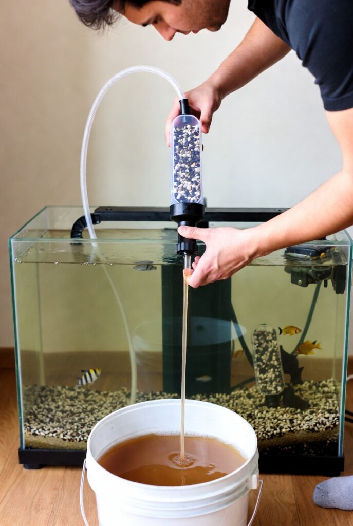 Homem utilizando um sifão de aquário para remover água suja de um aquário de água doce para um balde branco. Vista clara do aquário com peixes no fundo, fotorealista.