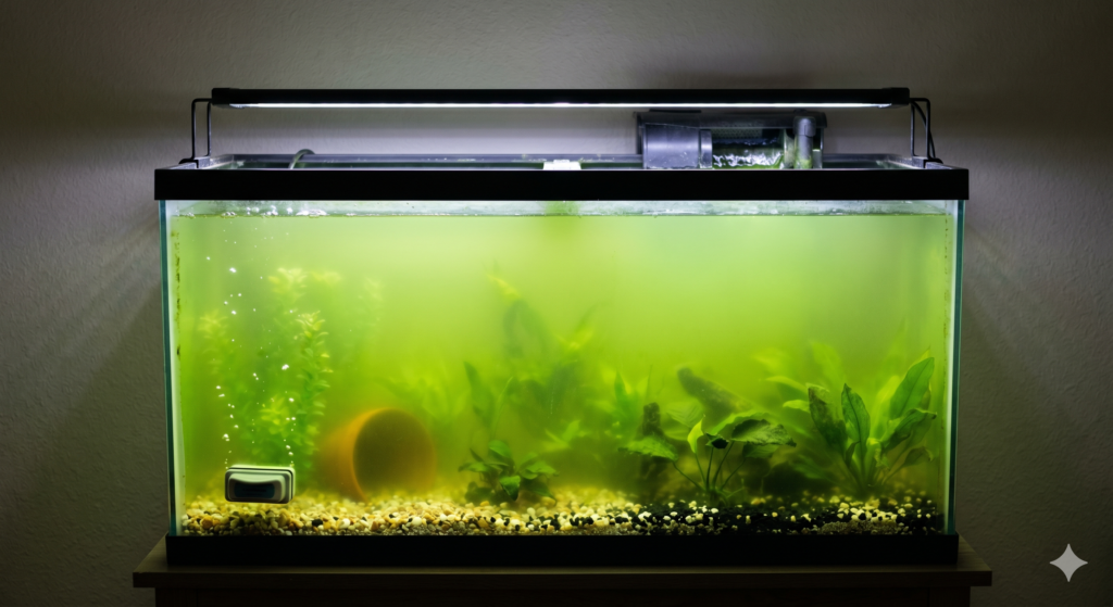 visão frontal de um aquário iluminado por uma calha de LED, onde a água está completamente tingida de um verde opaco devido ao florescimento de algas, dificultando a visão das plantas e do filtro ao fundo.