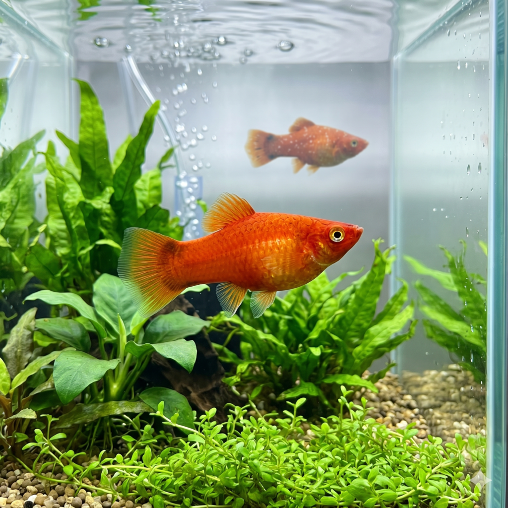 peixe Platy laranja e preto nadando em um aquário plantado, com a barriga arredondada e vários pontos brancos pequenos e salientes visíveis em suas escamas.