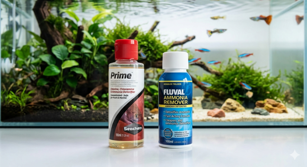 Amônia alta no aquário. Duas garrafas de produtos para tratamento de água de aquário, um condicionador Seachem Prime e um removedor de amônia Fluval, posicionadas em uma superfície branca em frente a um aquário plantado com peixes ao fundo desfocado.