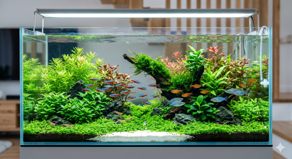 aquário plantado de água doce de alto padrão (estilo aquascaping), representando o resultado ideal após uma manutenção adequada. A água está perfeitamente cristalina e os vidros estão impecáveis. O interior apresenta um layout harmonioso com plantas aquáticas verdes e avermelhadas exuberantes, rochas escuras e um tronco central decorativo coberto de musgo. Um cardume numeroso de peixes Neon azul e vermelho, junto com outros pequenos peixes tetras laranjas, nadam ativamente pelo centro. Uma luminária de LED moderna e fina está montada no topo, iluminando o ambiente com cores vibrantes e naturais.