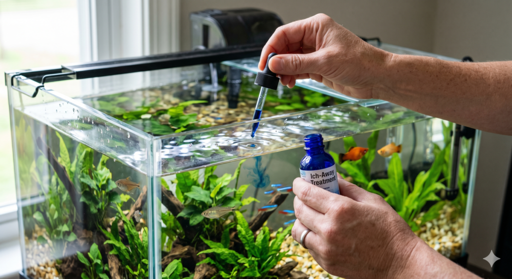 pessoa segurando um frasco de medicamento de vidro azul com um conta-gotas e pingando uma gota de tratamento azul na superfície da água de um aquário plantado e cheio de peixes.