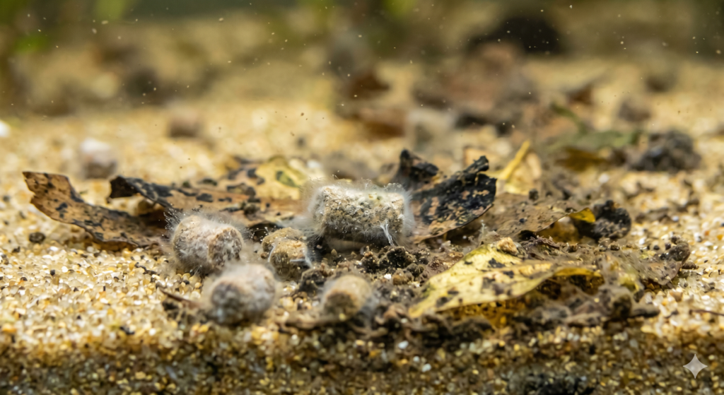 Aquário com Cheiro Ruim. substrato de areia fina de um aquário. Em destaque, vários peletes de ração de peixe não consumidos estão se decompondo no fundo, cobertos por uma camada tênue de fungo ou biofilme esbranquiçado e penugento. Ao redor, folhas de plantas aquáticas mortas, escuras e apodrecidas misturam-se com detritos orgânicos acumulados na areia. A água logo acima do substrato parece ligeiramente turva devido a partículas em suspensão.