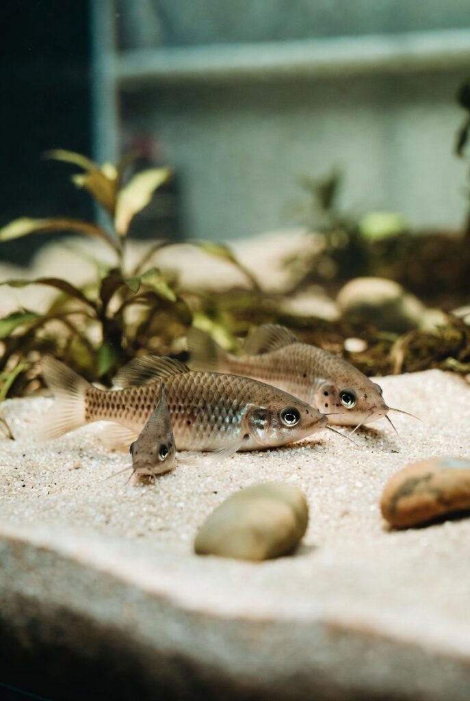 Grupo de corydoras descansando sobre areia fina no fundo de aquário com pedras e plantas baixas