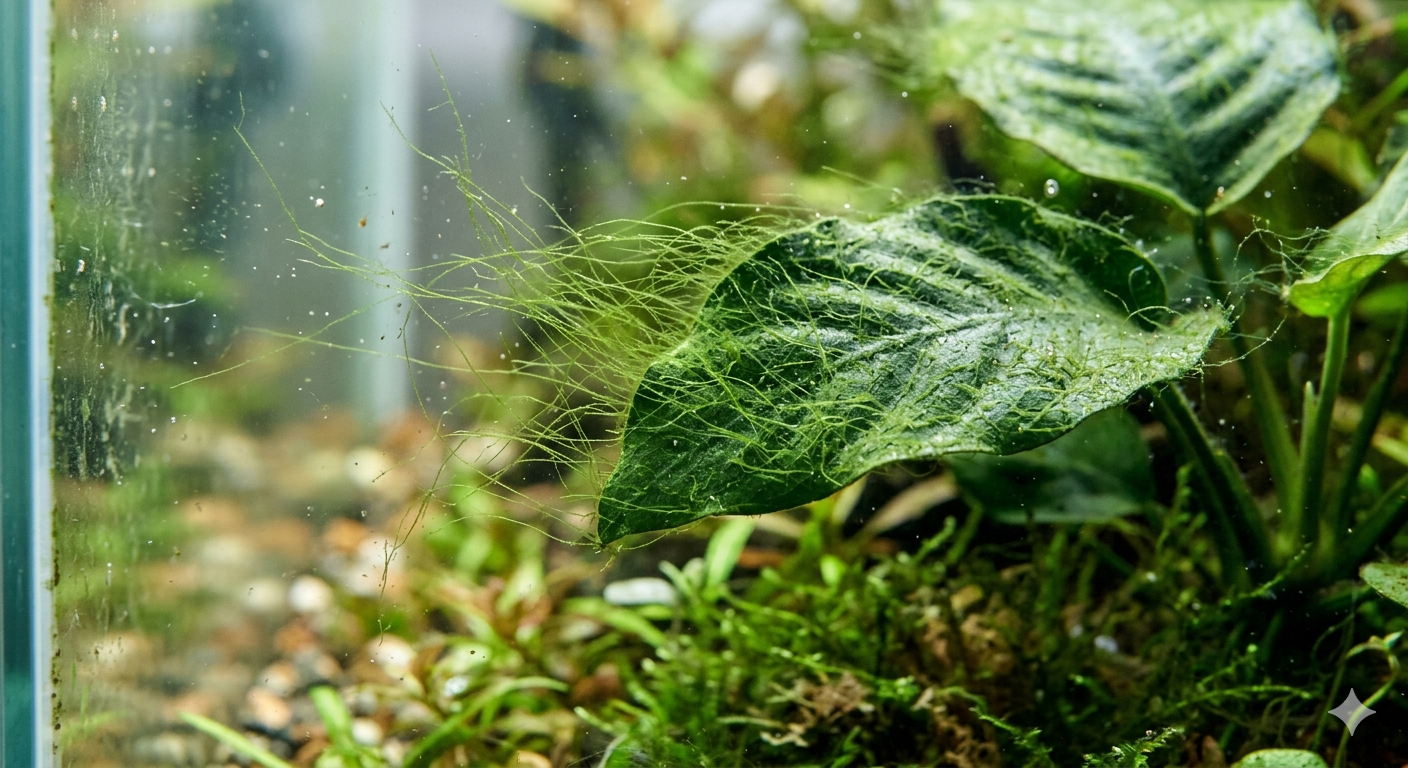Alga filamentosa verde crescendo sobre folha de planta aquática no aquário