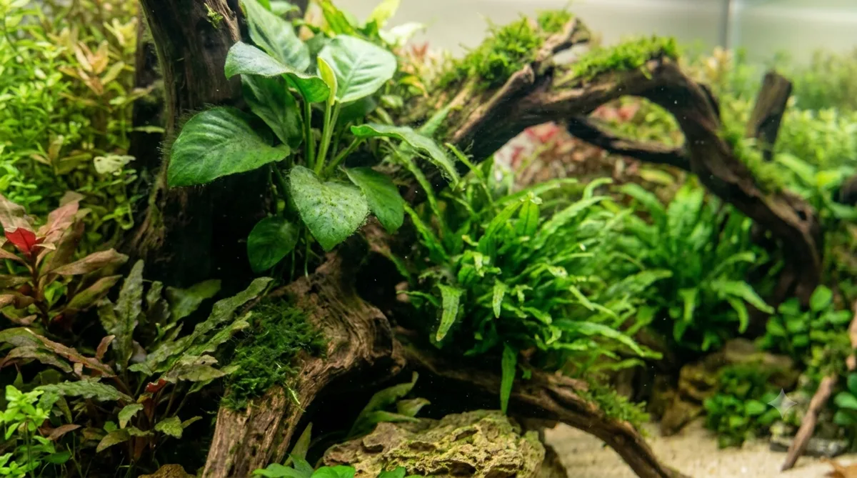 algas verdes no vidro e nas folhas do aquário plantado