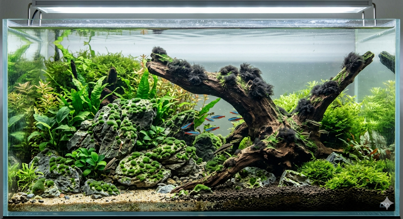 Aquário plantado equilibrado com tronco e plantas aquáticas diversas