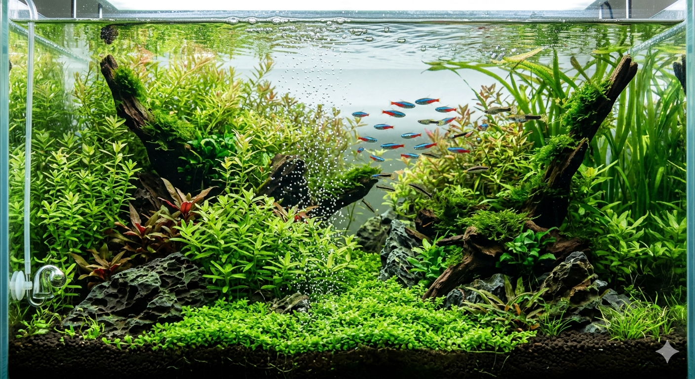 Aquário plantado com cardume de peixes coloridos, plantas e troncos naturais