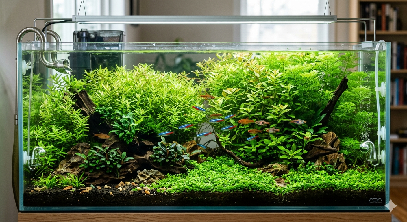 Aquário plantado exuberante com tetra neon resultado de poda regular
