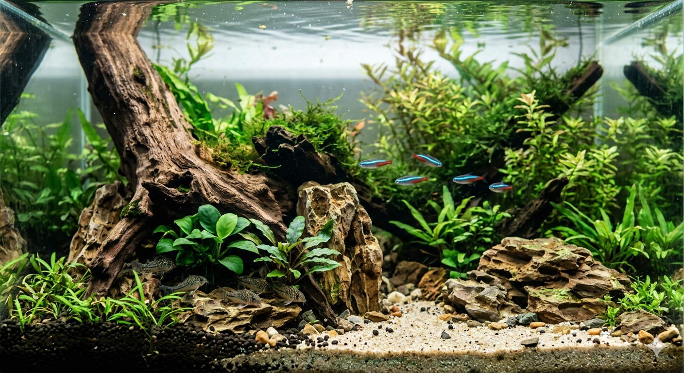 Aquário plantado com tronco e cardume de tetra neon em água cristalina