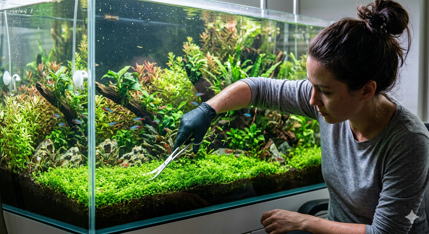 Aquarista podando plantas aquáticas com pinça e luva preta