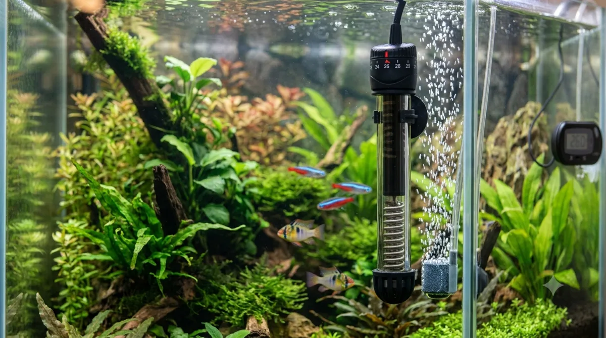 aquecedor com termostato instalado no aquário