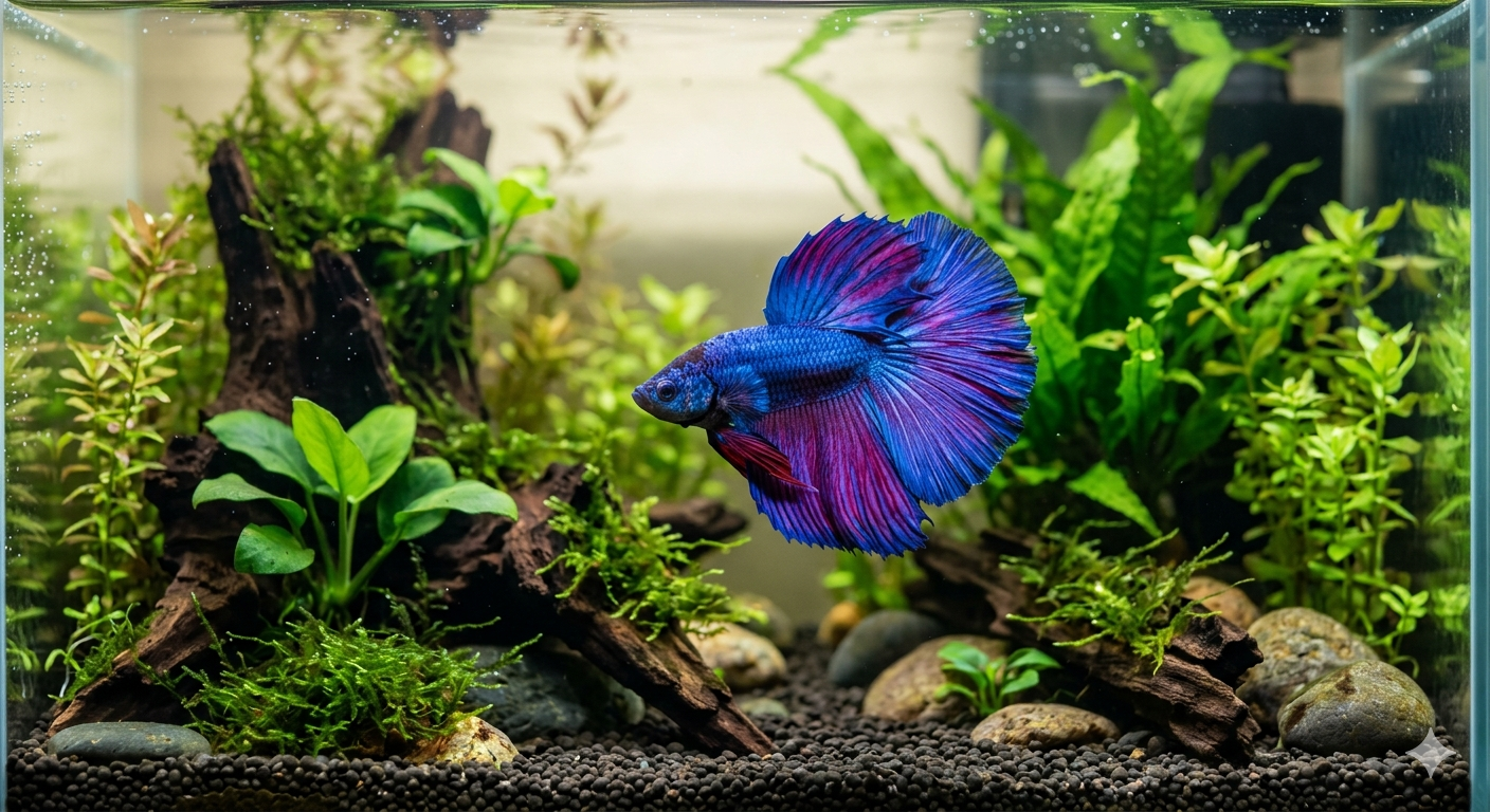 Betta azul e roxo nadando em aquário plantado com rochas e plantas