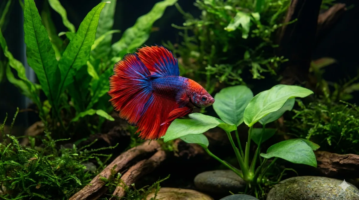 peixe betta com cores vibrantes recuperadas em aquário plantado