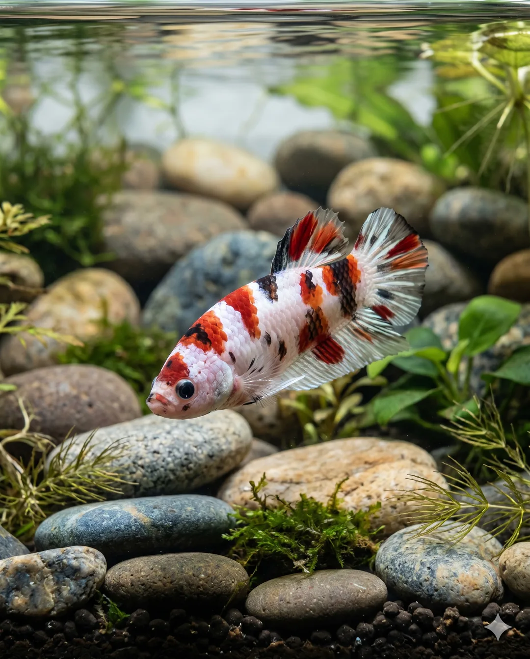betta padrão koi com manchas vermelhas e pretas em corpo claro