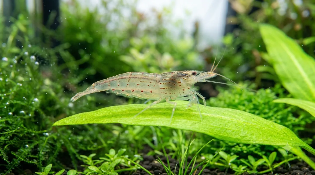 camarao amano translucido em close sobre folha no aquario plantado